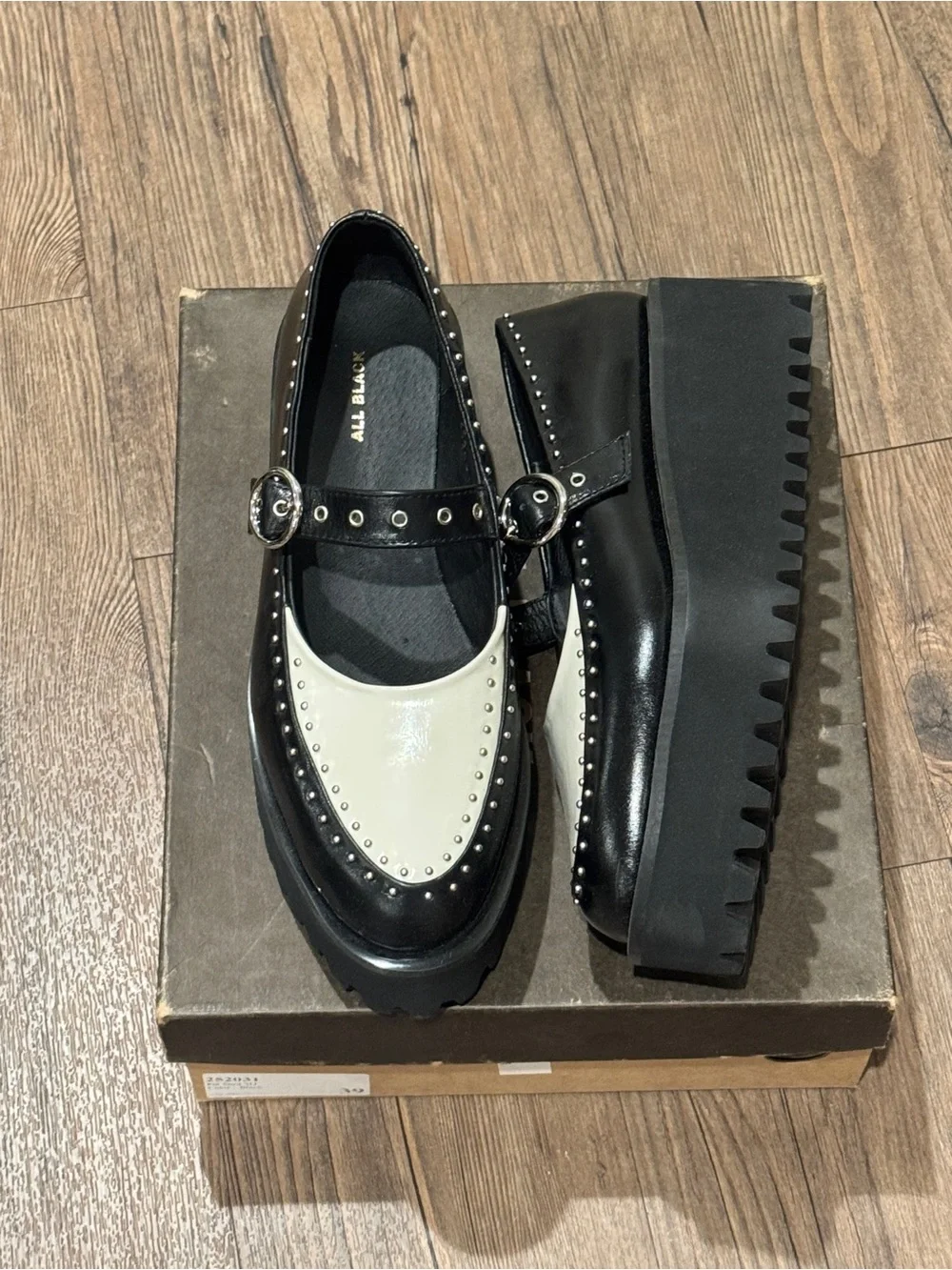 All Black Black and White Mary Jane Platform Loafers with Stud Details